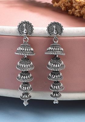 Silver Plated Oxidized Peacock Design Layered Jhumka Earrings