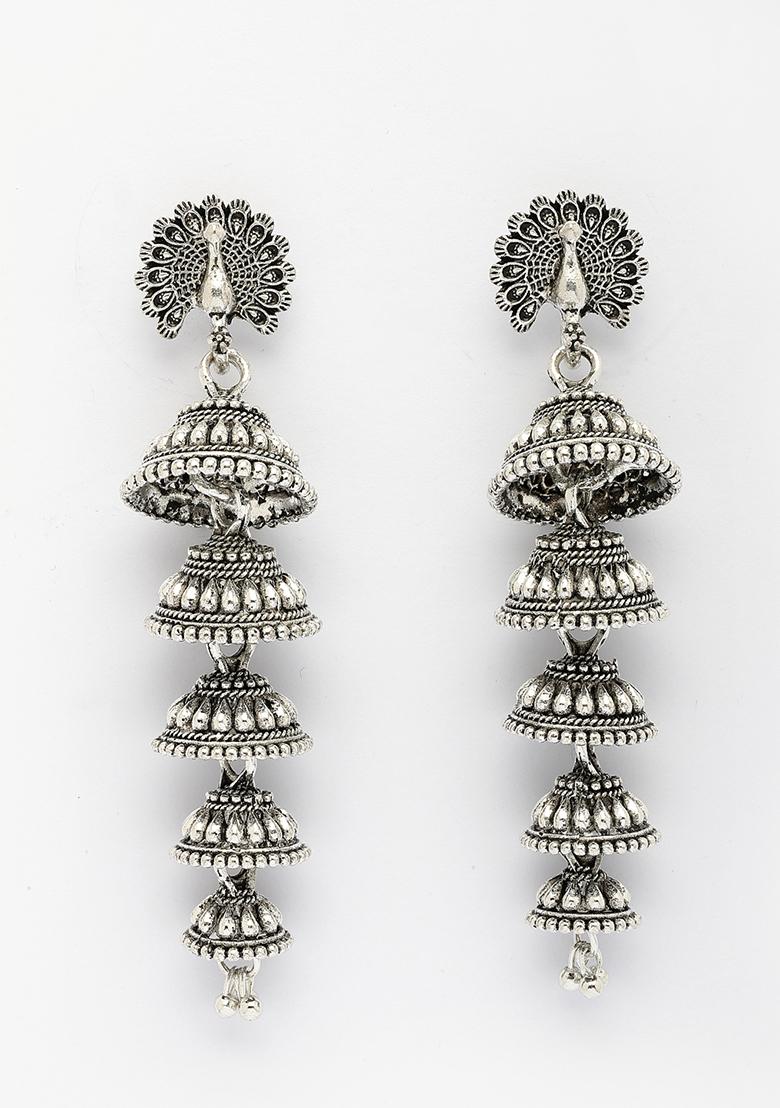 Silver Plated Oxidized Peacock Design Layered Jhumka Earrings