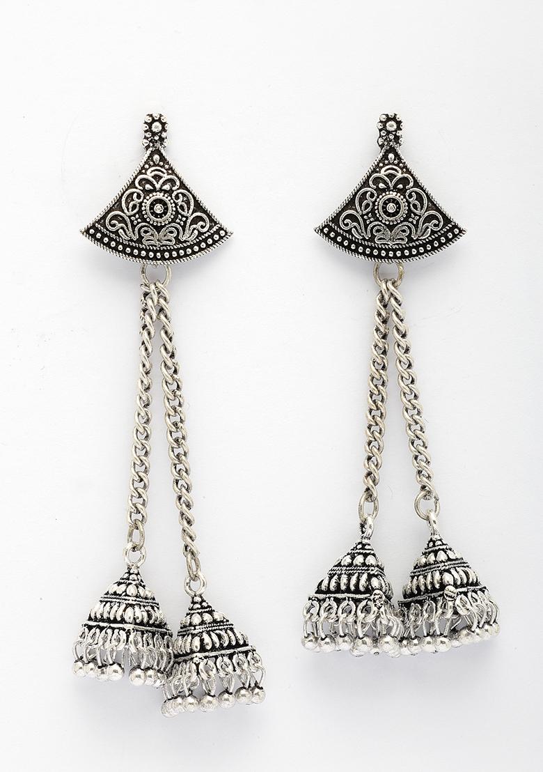 Silver Toned Oxidized German Jhumka Earrings