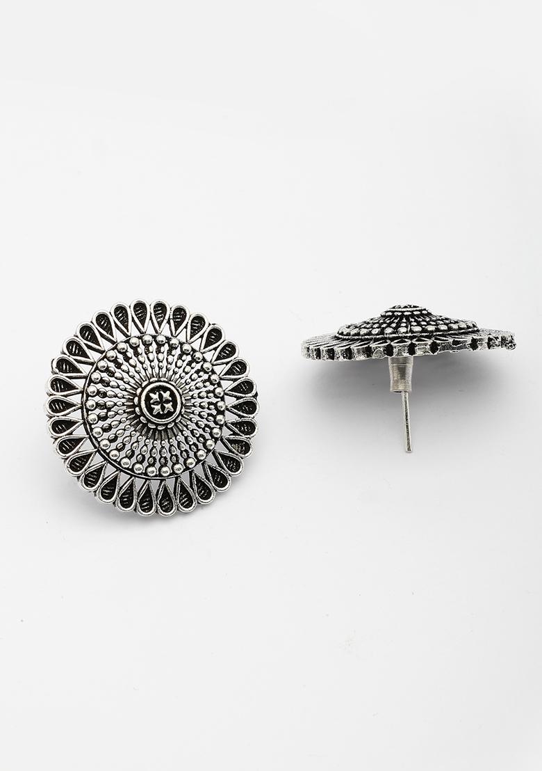 Silver Oxidized Plated Round Shape Traditional Stud Earrings