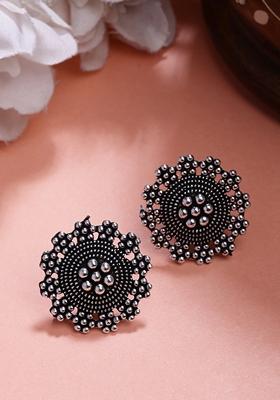 Silver Plated Oxidized Round Shape Traditional Stud Earrings