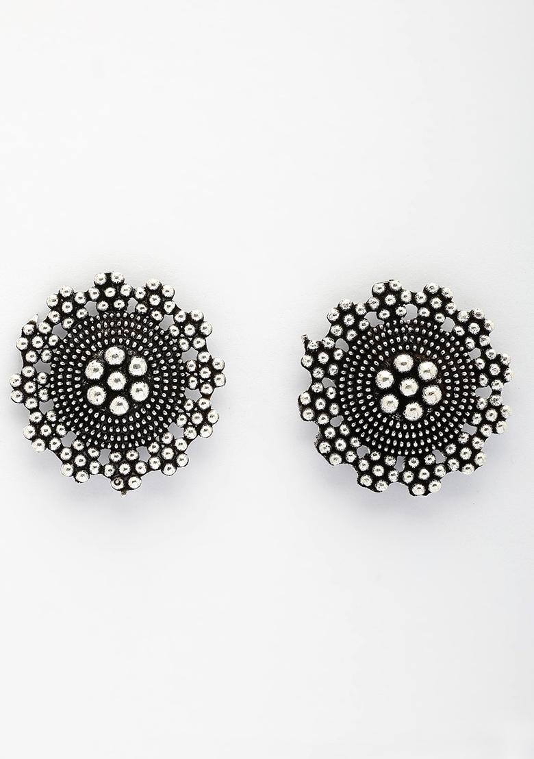 Silver Plated Oxidized Round Shape Traditional Stud Earrings