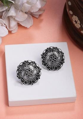 Silver Plated Oxidized Floral Design Stud Earrings