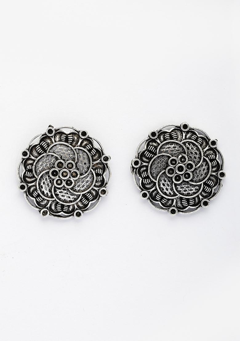 Silver Plated Oxidized Floral Design Stud Earrings