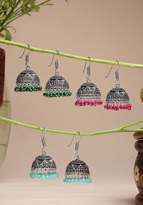 Multi Pair Of 3 Oxidized Silver Plated color Artificial Beads Jhumka Earrings
