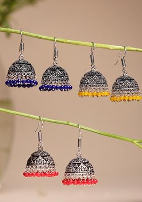 Multi Pair Of 3 Oxidized Silver Plated color Artificial Beads Jhumka Earrings