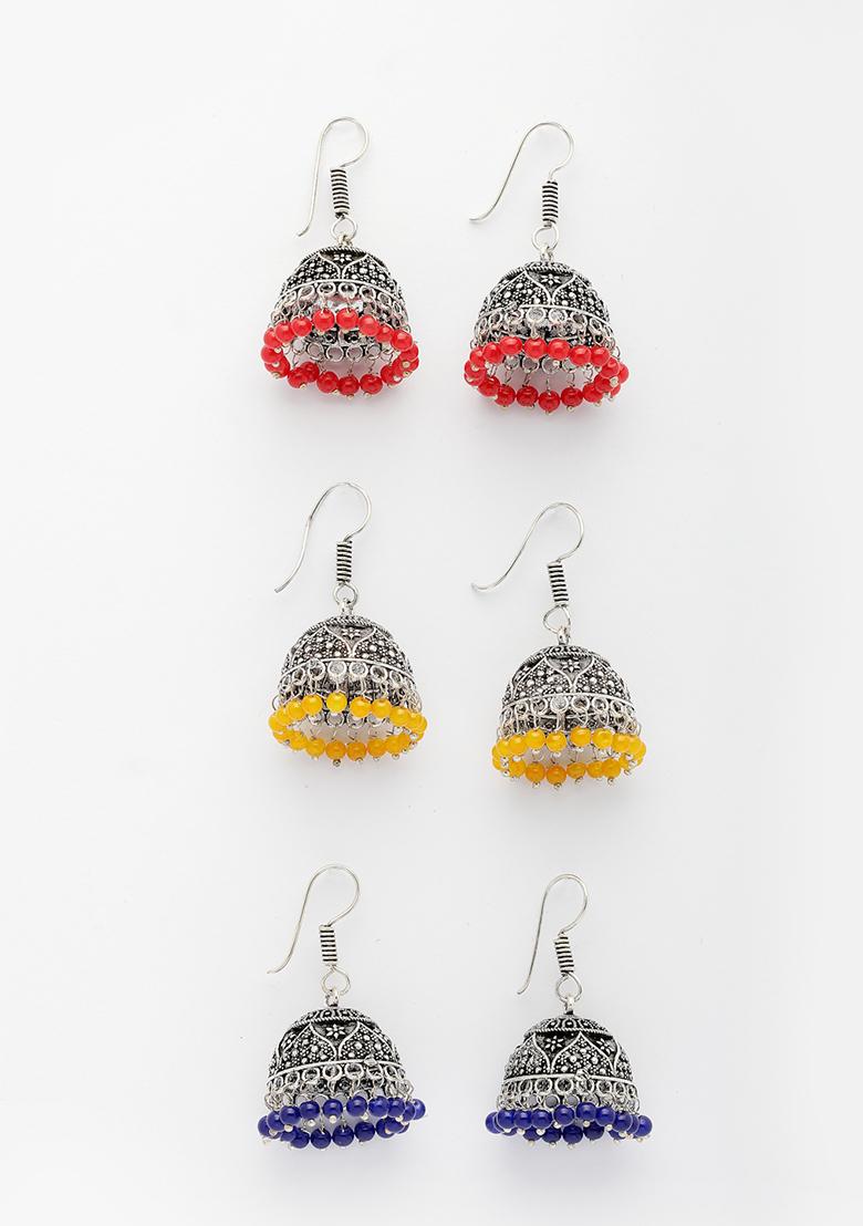 Multi Pair Of 3 Oxidized Silver Plated color Artificial Beads Jhumka Earrings