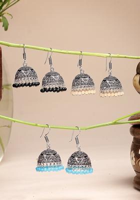 Multi Pair Of 3 color Artificial Beads Oxidized Silver Plated Jhumka Earrings