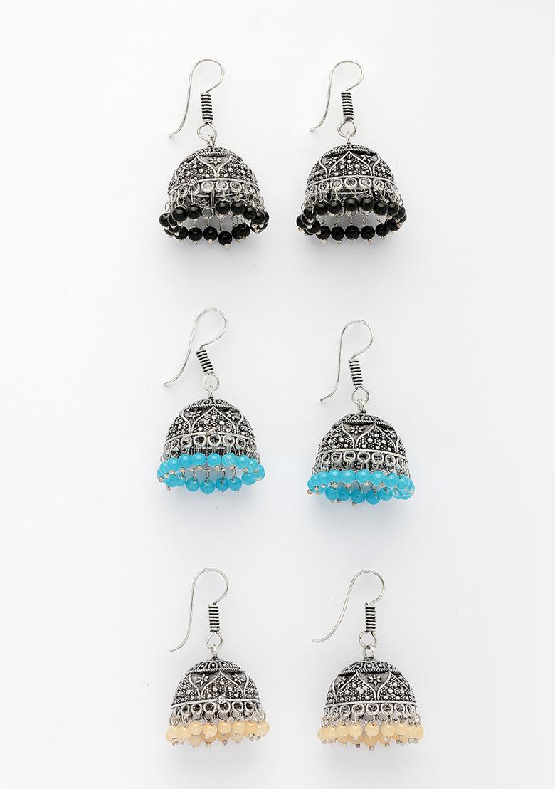 Multi Pair Of 3 color Artificial Beads Oxidized Silver Plated Jhumka Earrings