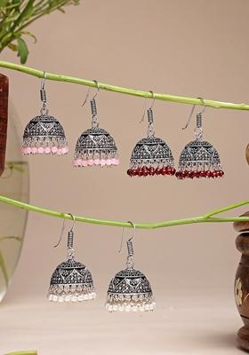 Multi Pair Of 3 Oxidized Silver Plated color Artificial Beads Jhumka Earrings