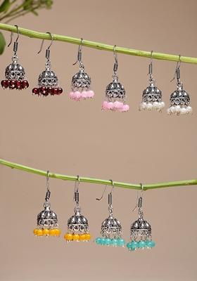 Multi Pair Of 5 Oxidized Silver Plated color Artificial Beads Jhumka Earrings