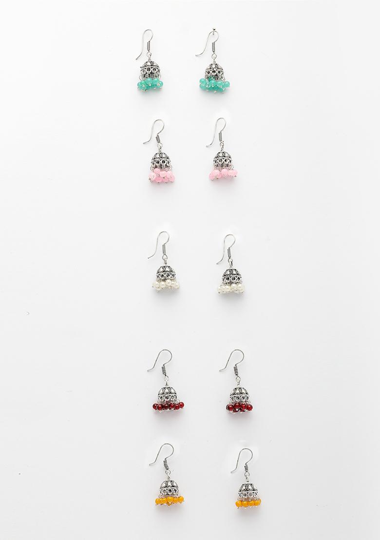 Multi Pair Of 5 Oxidized Silver Plated color Artificial Beads Jhumka Earrings