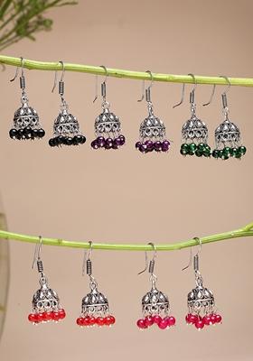 Multi Pair Of 5 Oxidized Silver Plated color Artificial Beads Jhumka Earrings