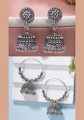 Silver Set Of 2 Plated Traditional Oxidized Jhumka Earrings