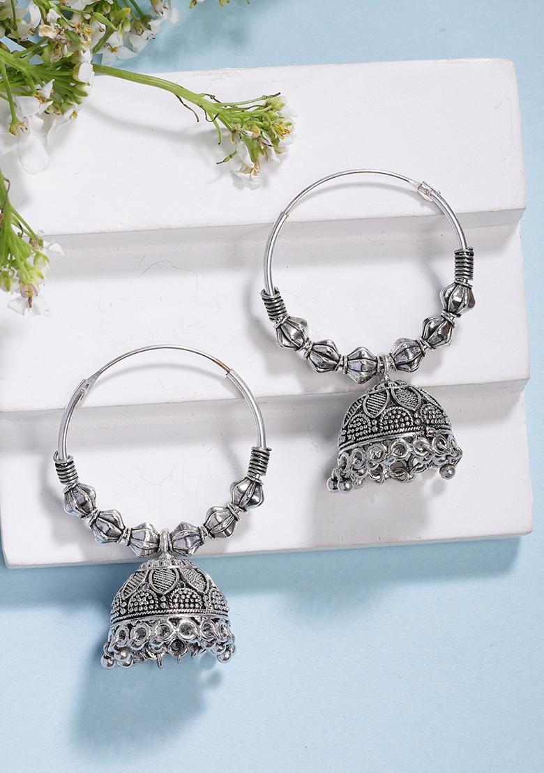 Silver Set Of 2 Plated Traditional Oxidized Jhumka Earrings