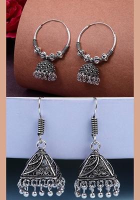 Silver Set Of 2 Ethnic Plated Oxidized Circle Jhumka Earrings