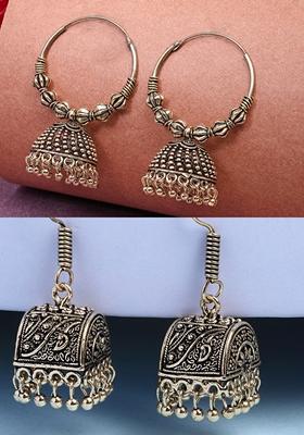 Gold Set Of 2 Gold Plated Oxidized Contemporary Jhumka Earrings