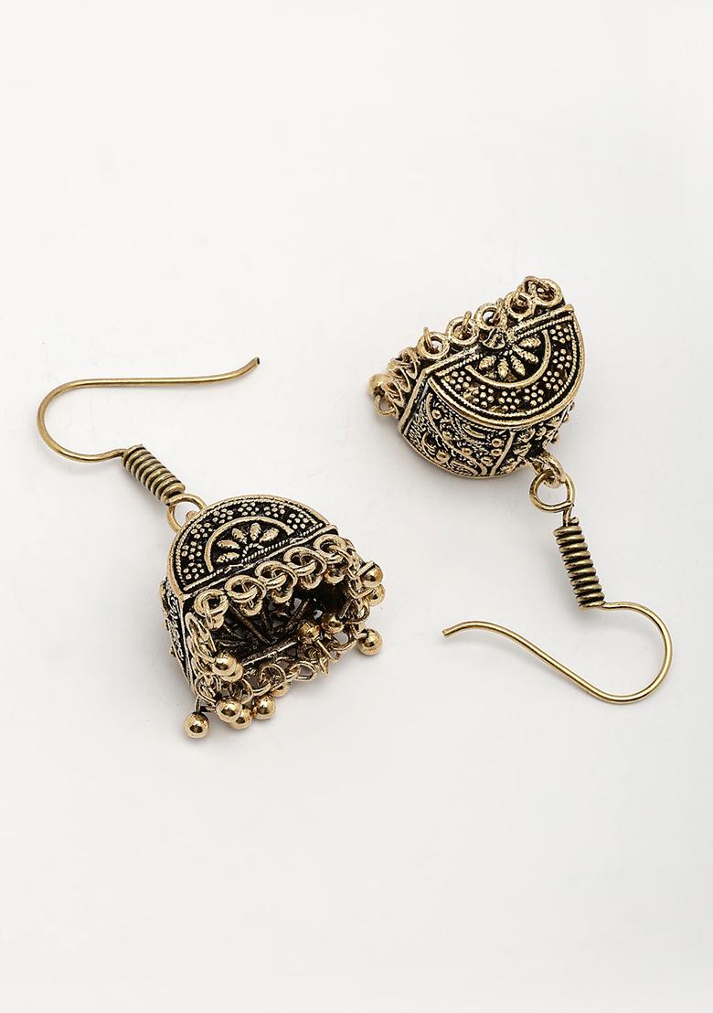 Gold Set Of 2 Gold Plated Oxidized Contemporary Jhumka Earrings