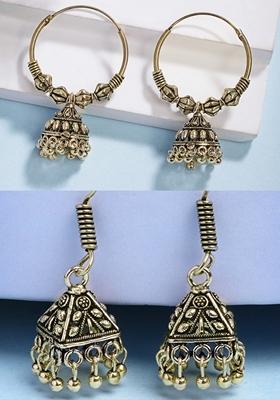 Gold Set Of 2 Traditional Gold Plated Oxidized Jhumka Earrings
