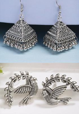 Silver Toned Oxidized Set Of 2 Jhumka & Drop Earrings