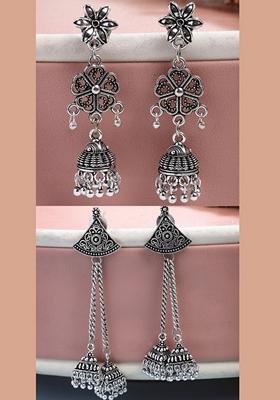 Silver Set Of 2 Toned Oxidized Jhumka Earrings