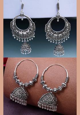 Silver Set Of 2 Plated Oxidized Contemporary Jhumka Earrings