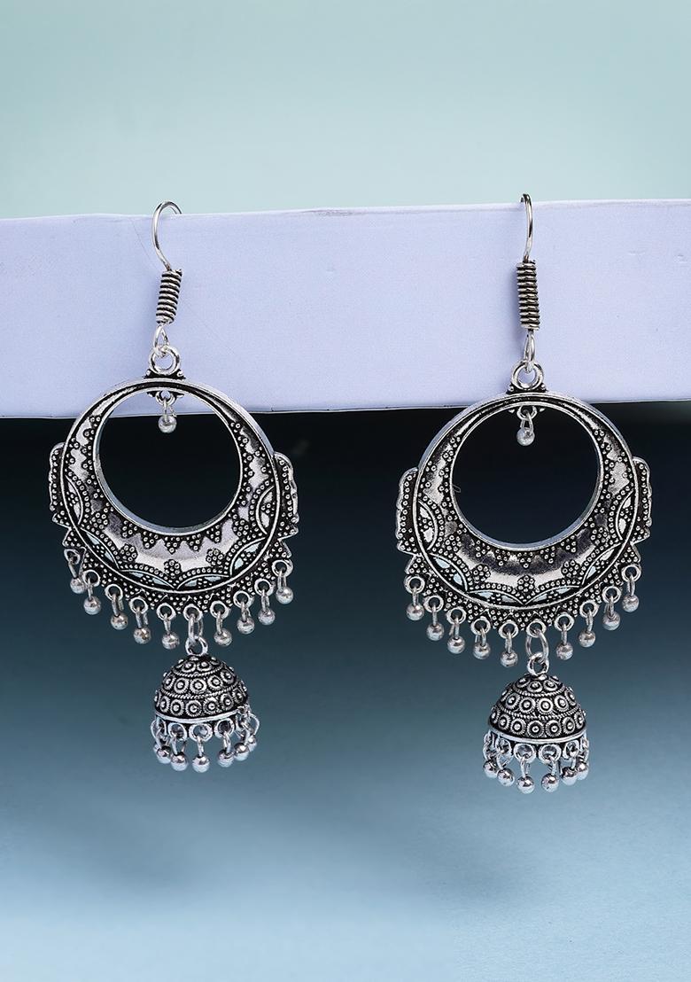 Silver Set Of 2 Plated Oxidized Contemporary Jhumka Earrings