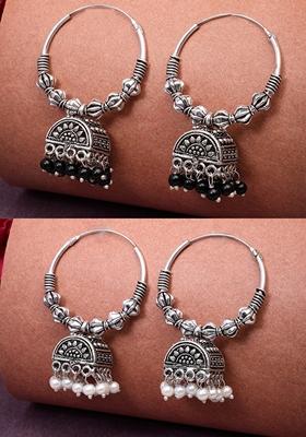 Silver Set Of 2 Oxidized Plated Artificial Beads Jhumka Earrings