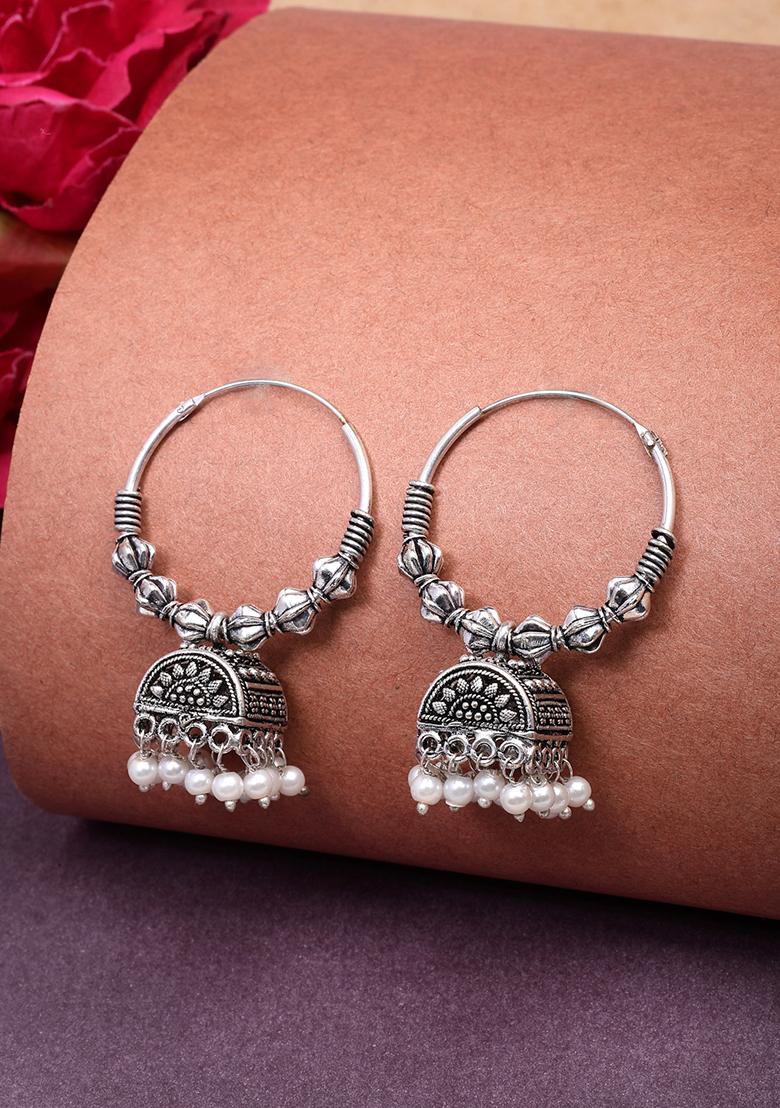 Silver Set Of 2 Oxidized Plated Artificial Beads Jhumka Earrings
