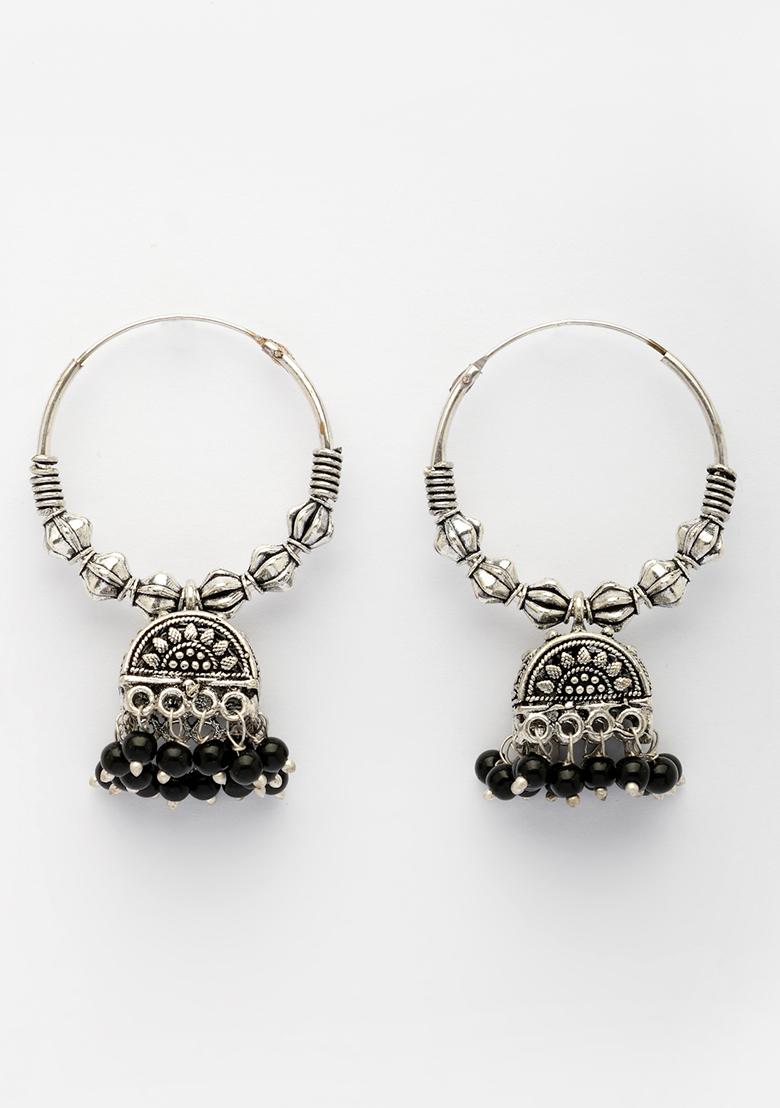 Silver Set Of 2 Oxidized Plated Artificial Beads Jhumka Earrings