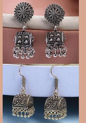 Gold Set Of 2 Oxidized Contemporary Jhumka Earrings