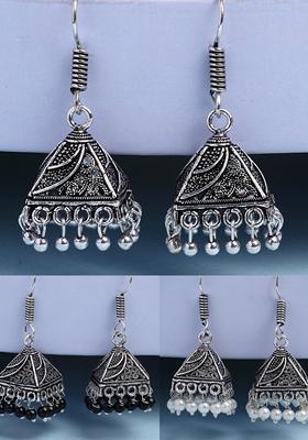 Silver Set Of 3 Oxidized Plated Artificial Beads Jhumka Earrings