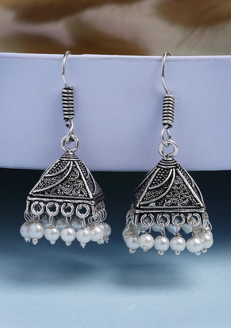 Silver Set Of 3 Oxidized Plated Artificial Beads Jhumka Earrings