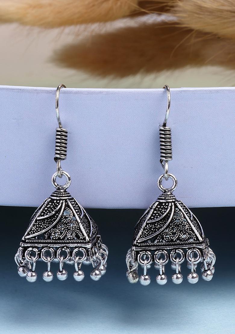 Silver Set Of 3 Oxidized Plated Artificial Beads Jhumka Earrings