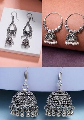 Silver Set Of 3 German Oxidized Traditional Jhumka Earrings
