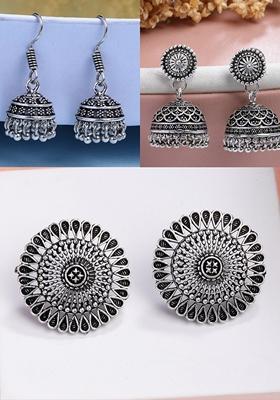 Silver Set Of 3 Plated Round Shape Oxidized Traditional Jhumka & Stud Earrings
