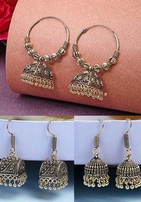 Gold Set Of 3 Gold Plated Oxidized Contemporary Jhumka Earrings