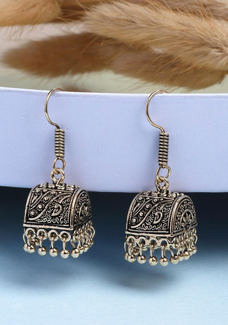 Gold Set Of 3 Gold Plated Oxidized Contemporary Jhumka Earrings