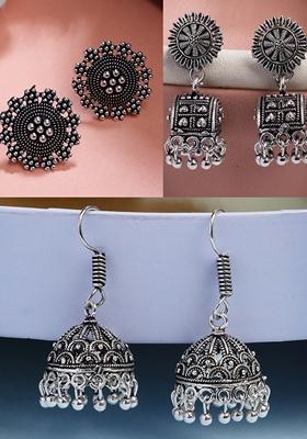 Silver Set Of 3 Plated Oxidized Contemporary Jhumkas & Stud Earrings