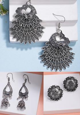 Silver Set Of 3 Plated Oxidized Fashion Traditional Earrings
