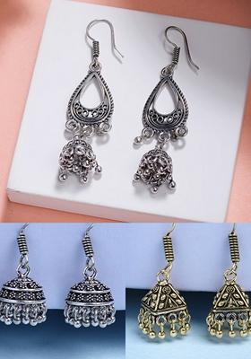 Gold Set Of 3 Oxidized Traditional Fashion Earrings
