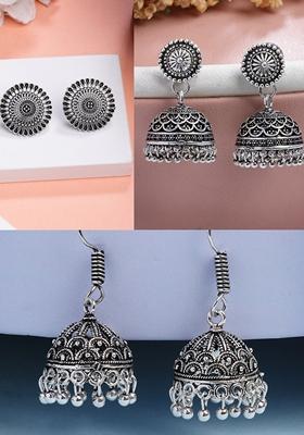 Silver Set Of 3 Plated Oxidized Traditional Jhumka & Stud Earrings
