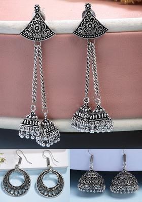 Silver Ethnic Set Of 3 Oxidized Plated Jhumka & Chandbali Earrings