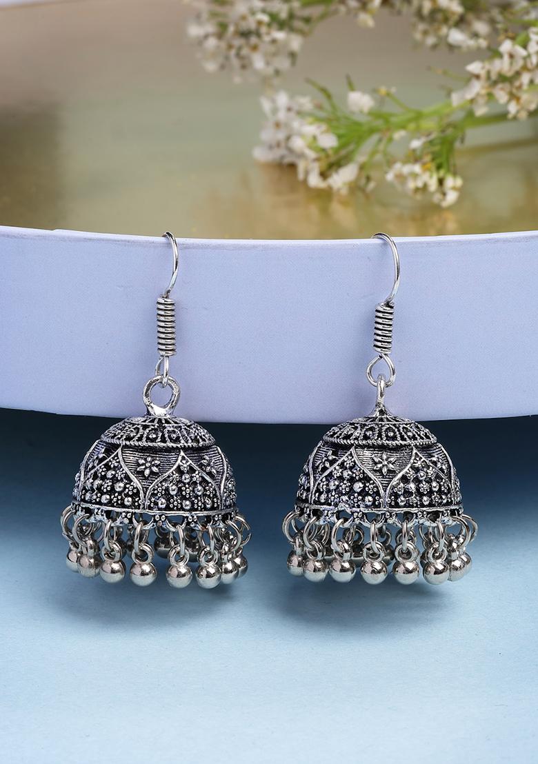 Silver Set Of 3 Plated Oxidized Contemporary Jhumka Earrings