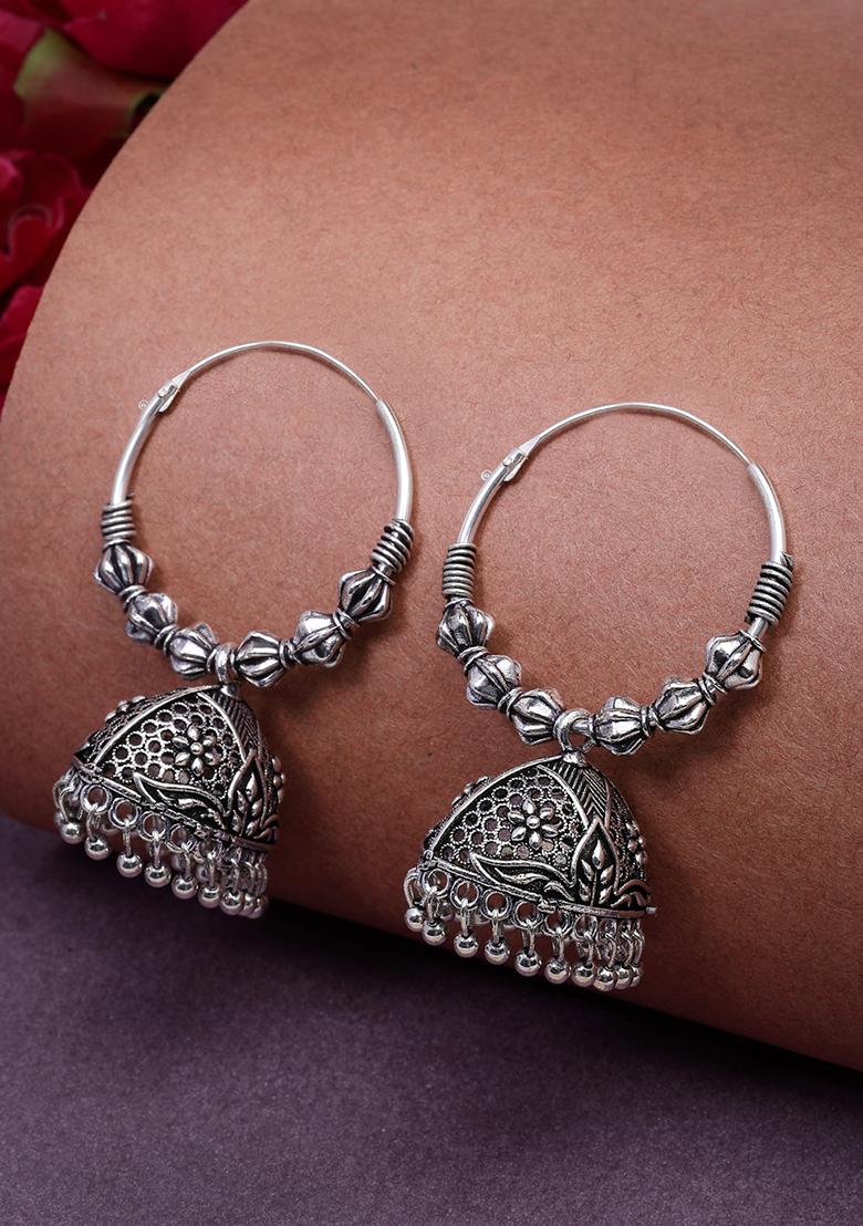 Silver Set Of 3 Plated Oxidized Contemporary Jhumka Earrings