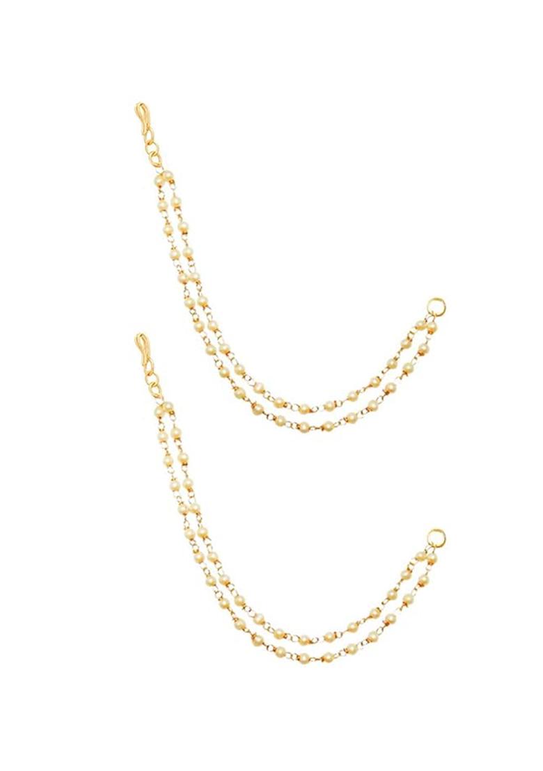 Gold Pearl Studded Classic Gold Plated 2 Line Ear Chain Ear Cuff