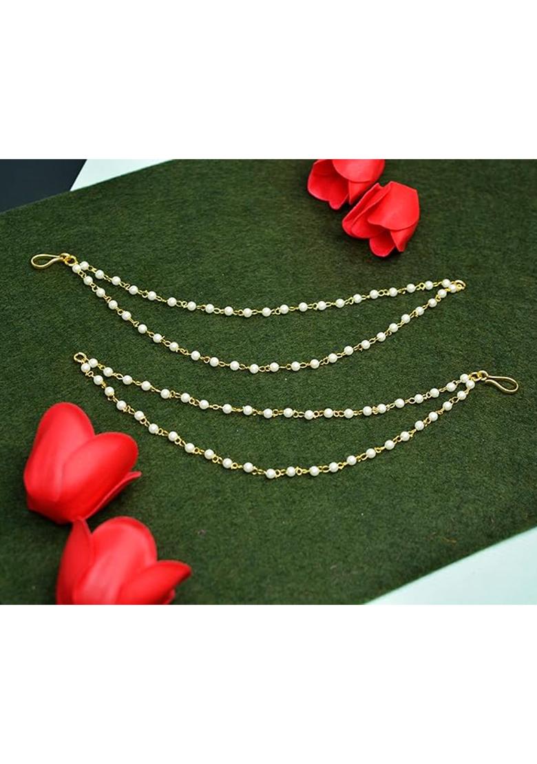 Gold Pearl Studded Classic Gold Plated 2 Line Ear Chain Ear Cuff