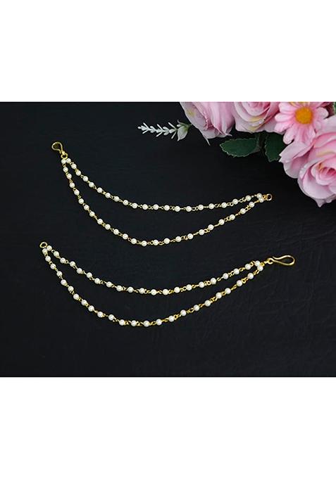 Gold Pearl Studded Classic Gold Plated 2 Line Ear Chain Ear Cuff