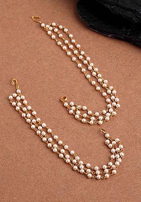 Gold Pearl Studded Classic Gold Plated 3 Line Ear Chain Ear Cuff