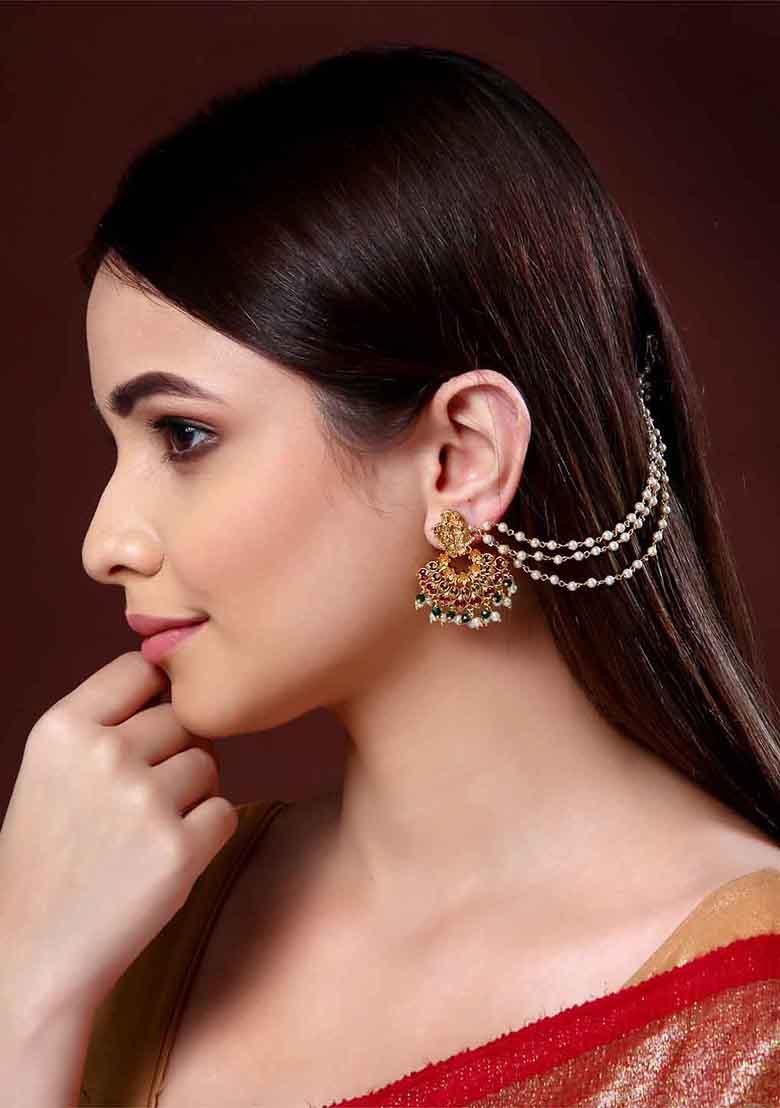 Gold Pearl Studded Classic Gold Plated 3 Line Ear Chain Ear Cuff